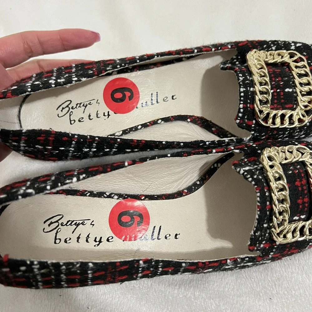 Bettye Muller Tweed Shoes Size 6 Red and Black Preppy Shoes Coquette Chain Block